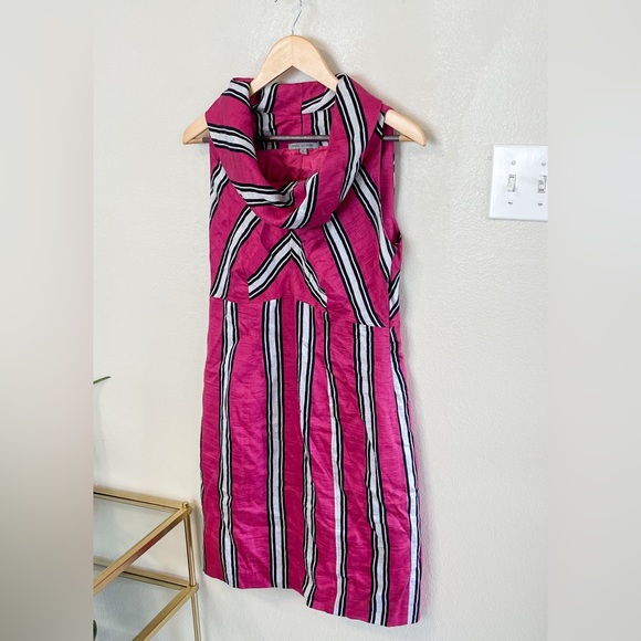 Pink Stripe Linen Cocktail Dress with Cowl Neck - Picture 2 of 5